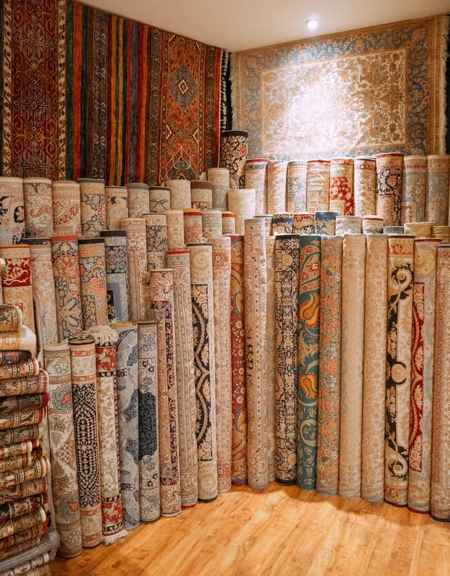 Carpets on wall and in rolls in Moroccan carpet shop