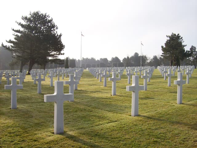 Military cemetery with rows of white crosses