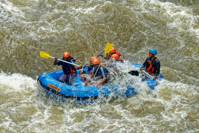 Group of people white water rafting